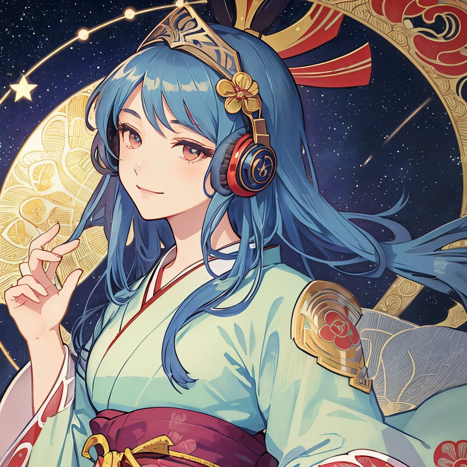 (masterpiece, highest quality, beautiful and aesthetic:1.2), flower jewelry, delicate clothing, ((face)), sharp pupils, gorgeous tiala, cool face, Transparent and beautiful stained glass background, (Alphonse Mucha's), Gradient color hairstyle, Front blur, Ultra-detailed, Soft Light, Gentle colors, solo, japanese clothes, Japanese hairstyle, Medium Hair, flowing hair, profile, oiran, ((headphones)), ((background: night, starry sky)), ((ukiyo-e style)), ((smile)), ((1 girl)),