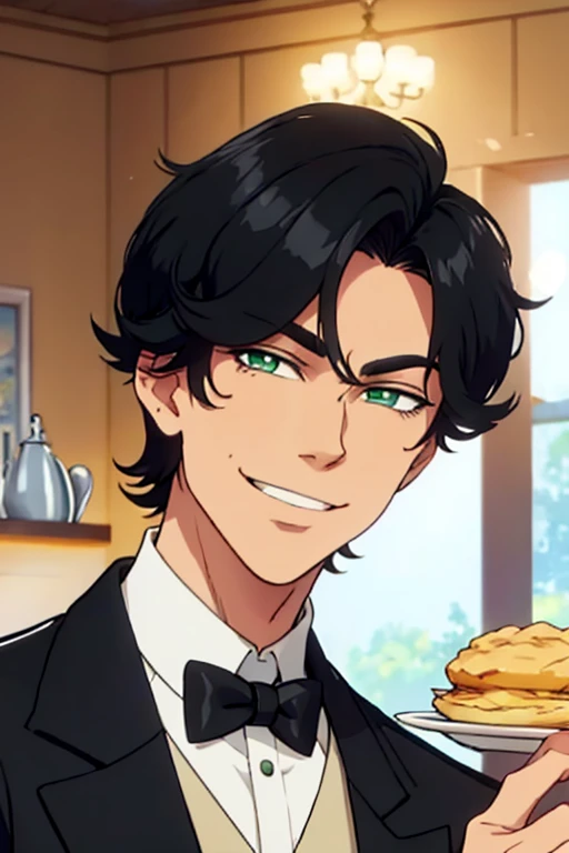 Perfect face. Perfect hands. A handsome black haired man with green eyes and short hair in a butler's uniform is smiling while serving scones in a fancy butler cafe