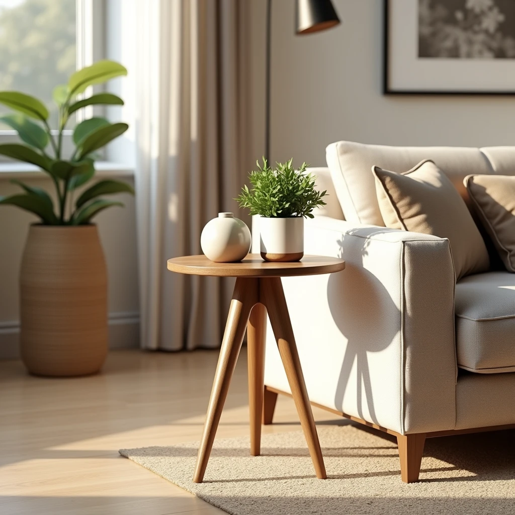 I want a living room, with a corner table next to the sofa, the table is a tripod, in 1080 px by 1080 px,