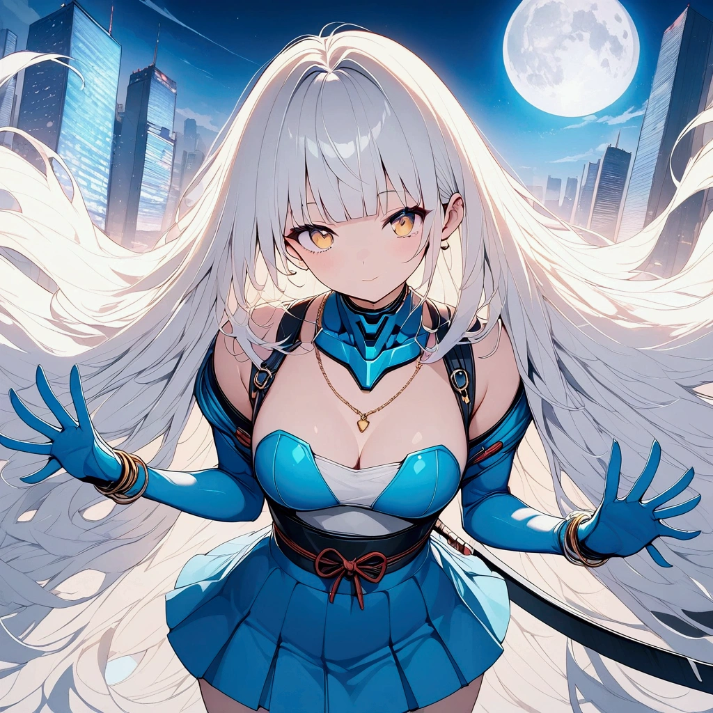 (((anime))) One Woman,Holding a Japanese sword,With both hands,samurai,Long Hair,Fluffy long hair,(White Hair),Oblique bangs,One eye is hidden,necklace,Yellow Eyes,Big Eyes Cyber Suit,Drop shoulder,mini skirt,Blue Boots,Modern city,Neon color,moon,masterpiece,Highest quality,Exquisite,8k,Absurd,Ultra-fine illustrations,(View your audience)