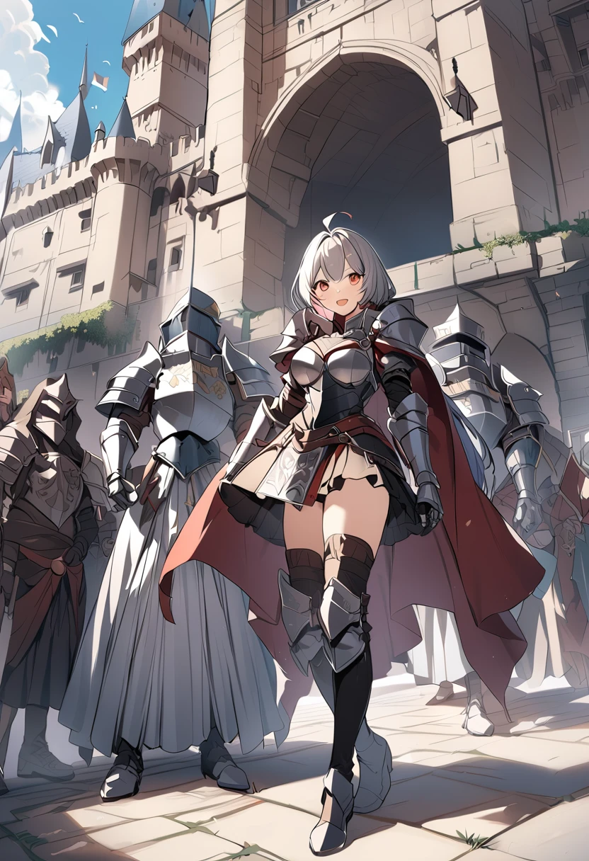 Woman knight、a beauty girl、huge tit、Excellent style、Nice Buddy、glamorous、leotard、s Armor、Bra chest armor、knee boots、gauntlets、hair adornments、silber hair、Longhaire、Ahoge、a medieval castle、is standing、full body seen、Outside the castle、natta、a smile、slightly open mouth