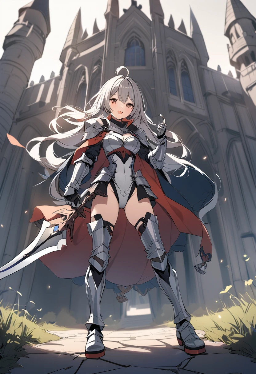 Woman knight、a beauty girl、huge tit、Excellent style、Nice Buddy、glamorous、leotard、s Armor、Bra chest armor、knee boots、gauntlets、hair adornments、silber hair、Longhaire、Ahoge、a medieval castle、is standing、full body seen、Outside the castle、natta、a smile、slightly open mouth