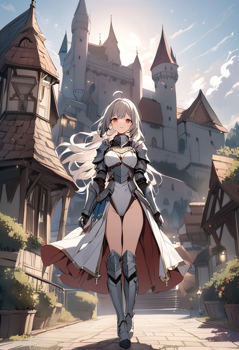 Woman knight、a beauty girl、huge tit、Excellent style、Nice Buddy、glamorous、leotard、s Armor、Bra chest armor、knee boots、gauntlets、hair adornments、silber hair、Longhaire、Ahoge、a medieval castle、is standing、full body seen、Outside the castle、natta、a smile、slightly open mouth