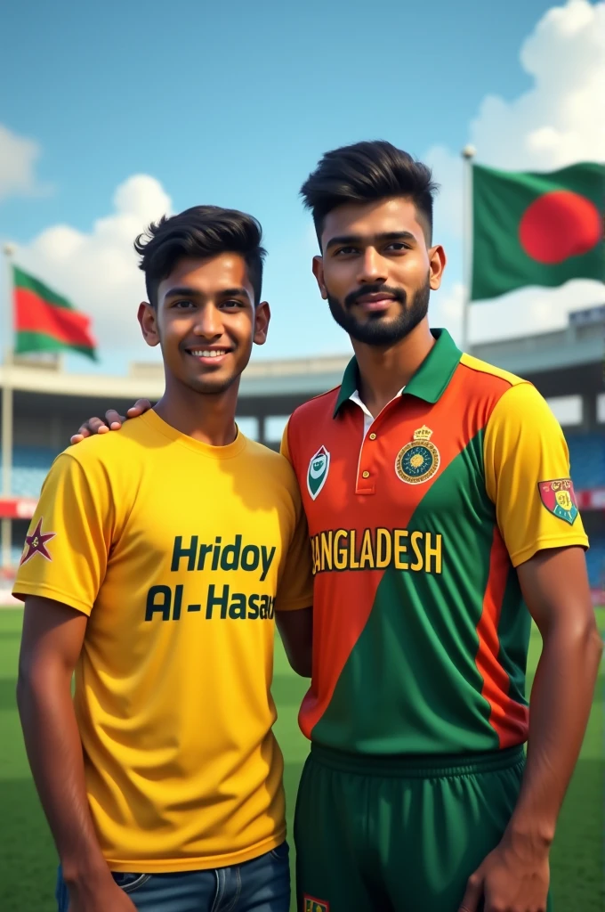 20 years old young fan boy wearing yellow t shirt with name “Hridoy” written on it, and standing with Sakib Al Hasan and Sakib Al Hasan is wearing Bangladesh cricket
jersey and, background featured Cricket stadium. Bangladesh flags flying in the background of them. generate high resolution realistic image