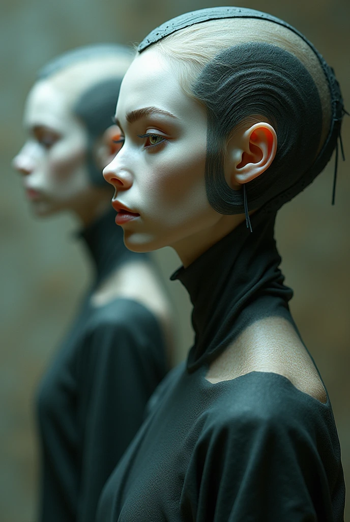 Create an image with the character shown three times Front perspective, Side view and from behind