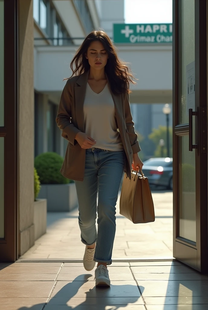 A woman with long black hair, wearing casual clothes, is hurriedly walking out of a private hospital, looking down at her bag.