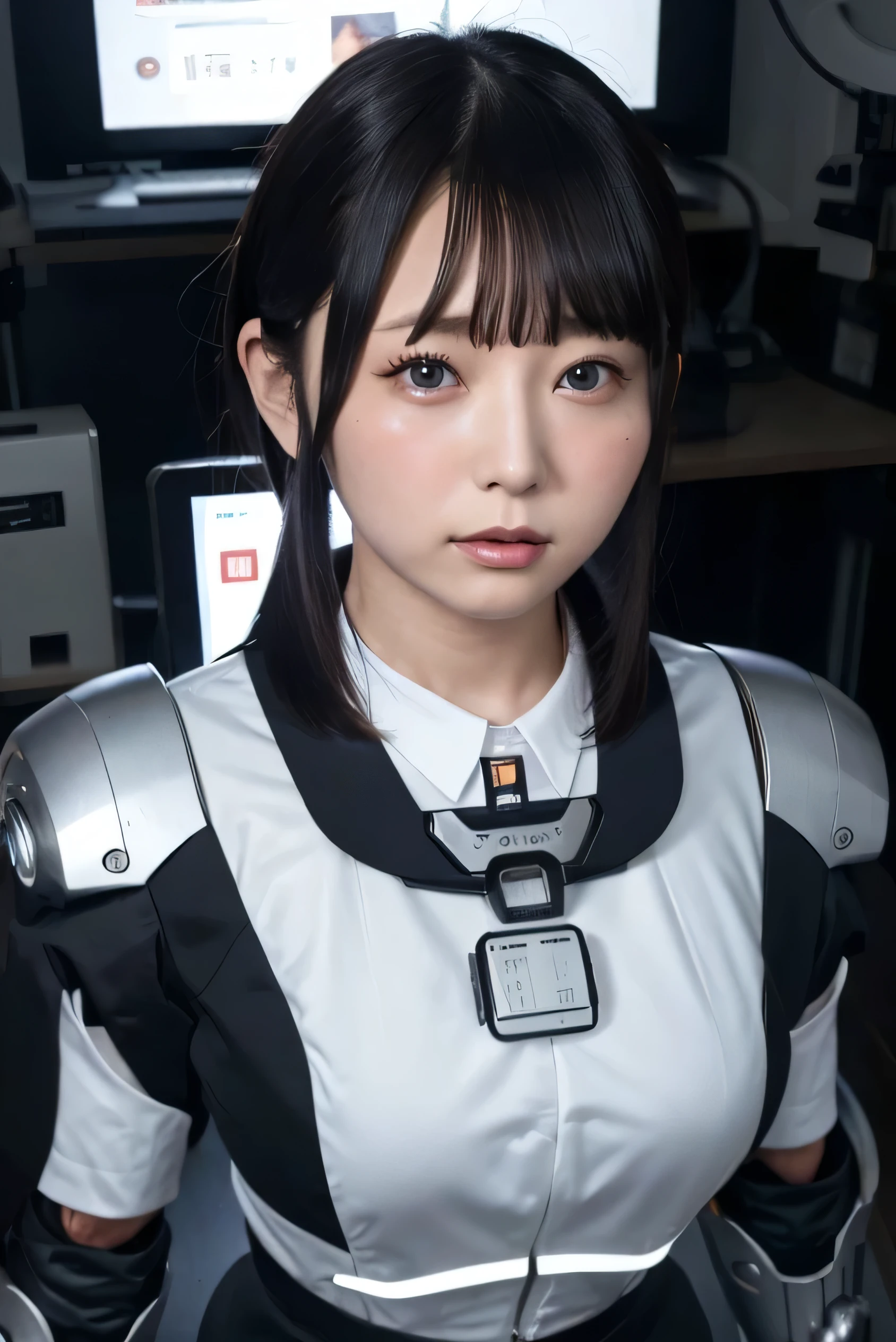 masterpiece, best quality, extremely detailed, Japaese android girl,portrait,Plump,a bit chubby,control panels,android,Droid,Mechanical Hand, Robot arms and legs, Black hair,Blunt bangs,perfect robot girl,long tube,thick cable connected her neck,android,robot,humanoid,cyborg,japanese cyborg girl ,robot-assembly plant,She is assembling now,assembly scene,blue eyes,chest monitor,office-lady