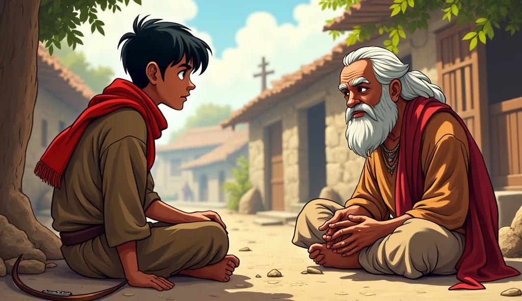 Arav hearing about Sage Bhaskar: Comic style. Arav a fighter sits in a small village, dressed in a simple brown tunic with his red scarf, listening intently to an elderly villager. His face shows curiosity and hope. His bow rests beside him, and his short black hair is neatly tied.
Use the same previous face for arav 