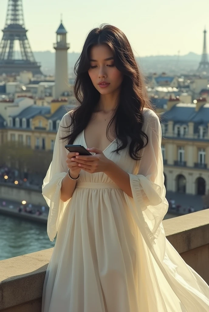 a dark haired woman, in a flowing white dress,  with a cell phone in hand, in paris.