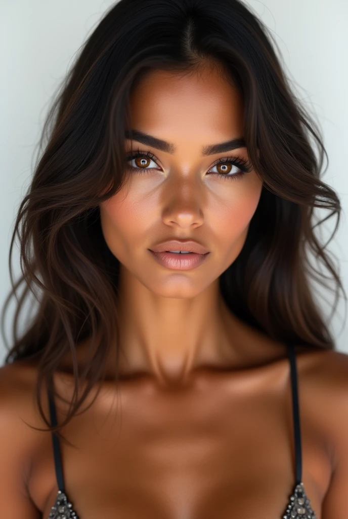 Realistic portrait of a beautiful 1 girl with Latin features, Beautiful tanned brown skin, Brown eyes, long dark hair. beautiful girl model body. regular well formed tits, detailed facial features. ultra realism, maximum resolution, masterpiece. extremely detailed skin, professional photography. white background in professional studio, Professional lighting that highlights the details, pores and skin textures.