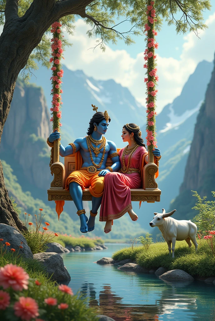 Load krishna and radha swing in mountain with white cow and baby cow