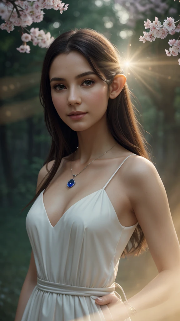 Picture of the elf's waist, difficult, slender face, elegant, wear a sapphire necklace, white light dress with straps, front camera, very detailed, digital painting, ArtStation, conceptual art, smooth, Sharp Focus, illustration, art by Artgerm and Greg Rutkowski and Alphonse Mucha, 8 K, volumetric fog, blossom, rays of light, clearance, curved bokeh