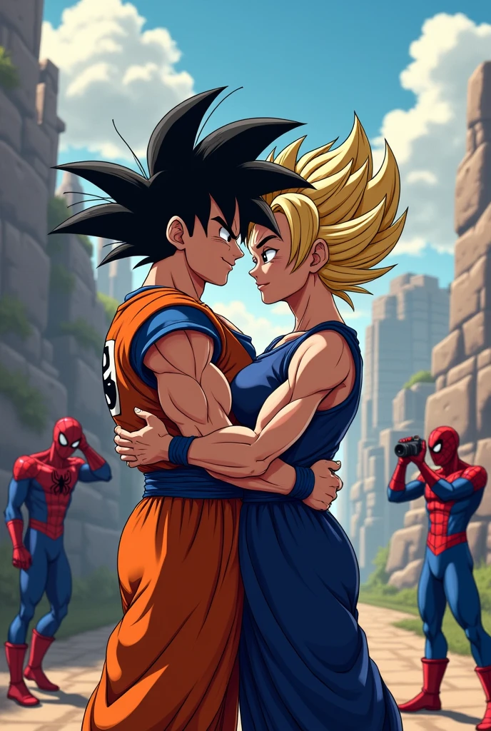 Goku kissing Vegeta while spiderman takes pictures in the background
