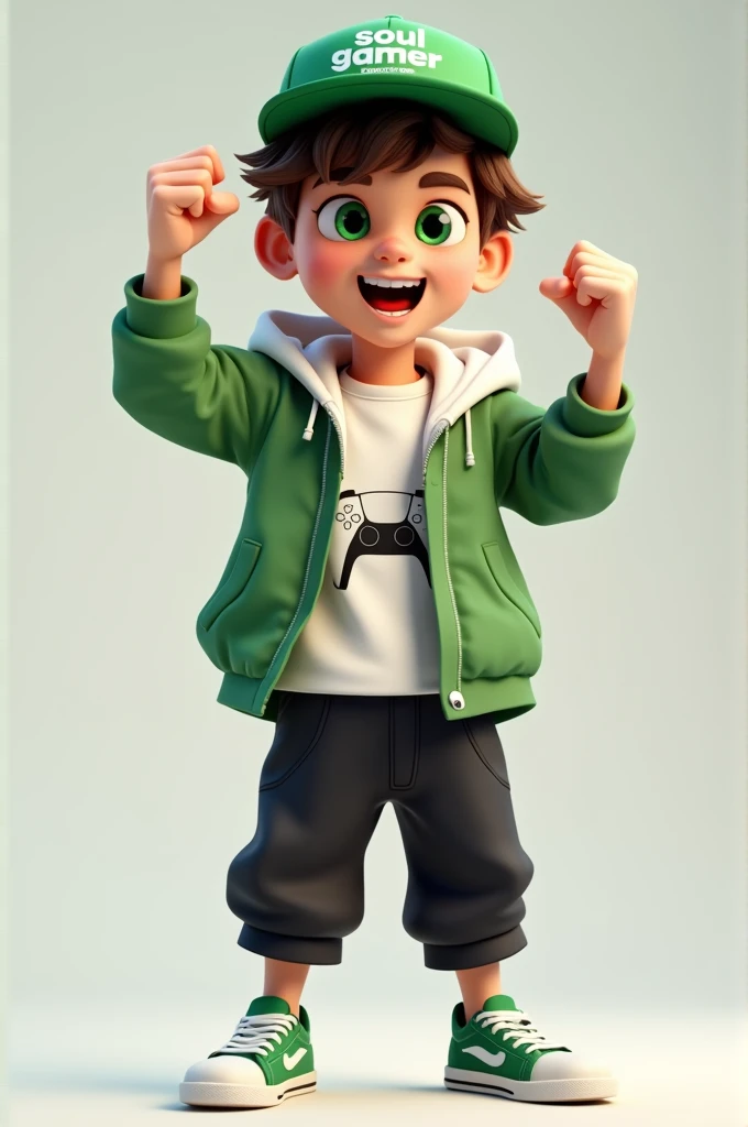 Create a 3D male influencer character of approximately youthful age and appearance . He is tall. His facial expression is friendly and smiling., with big green eyes that convey a sense of curiosity and joy. your hair is short, brown in color and slightly disheveled, visible under the CAP. His cap is green and has the word "Soulgamer" printed on the front. He wears a white T-shirt with a PS5 controller image printed on it.. He wears a hooded jacket over a white t-shirt and matching cap.. He wears loose black pants that fit comfortably over green sneakers that match his jacket and cap., with white shoelaces tied tightly. He is standing with the fist of one of his hands clenched while the fist of his other hand is raised as if in celebration..
add gamer elements to the character.
