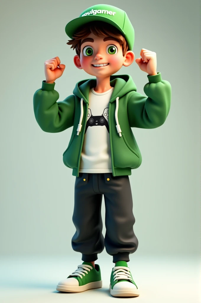 Create a 3D male influencer character of approximately youthful age and appearance . He is tall. His facial expression is friendly and smiling., with big green eyes that convey a sense of curiosity and joy. your hair is short, brown in color and slightly disheveled, visible under the CAP. His cap is green and has the word "Soulgamer" printed on the front. He wears a white T-shirt with a PS5 controller image printed on it.. He wears a hooded jacket over a white t-shirt and matching cap.. He wears loose black pants that fit comfortably over green sneakers that match his jacket and cap., with white shoelaces tied tightly. He is standing with the fist of one of his hands clenched while the fist of his other hand is raised as if in celebration..
add gamer elements to the character.