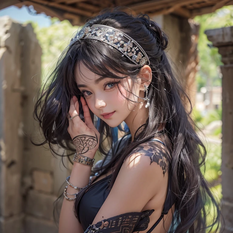 Hiding in the desert、Hair Flow、 ((Highest quality、masterpiece、8k、Best image quality、Ultra-high resolution、Award-winning works)、(Accurate anatomy:1.1)、(Look at me and smile:1.1)、Shining fair skin with Ultra-high resolution、The most detailed face、Ultra-high resolution detailed face、Ultra-high resolutionの髪の毛、(Ultra-high resolutionの煌めく瞳:1.1)、Beautiful face drawn in every detail、(Blurred Background:1.1)、Ancient Islamic clothing, Chest to chest, tattoo, Old ruins in the background、Black Authentic Dress Up Elegant Underarm