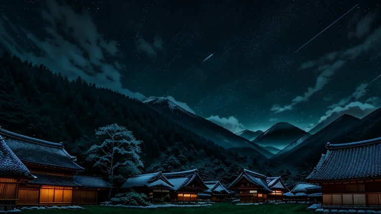 "Create an illustration depicting a tranquil rural Japanese night scene inspired by Shirakawa-go in Gifu Prefecture. The artwork should feature traditional gassho-zukuri houses with their steep, thatched roofs set against a backdrop of a star-filled sky. The landscape should include gently rolling hills, lush greenery, and serene rice paddies, all bathed in soft moonlight. Ensure that the scene is imbued with a calming, dreamy quality, making it a perfect visual complement to Chillwave Lo-fi music. The overall mood should evoke a sense of peace and relaxation, transporting viewers to a serene and picturesque countryside night."