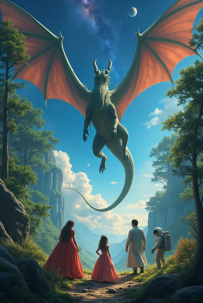 forest with a dragon and some princesses, a fairy and in the background space and an astronaut and a youtuber