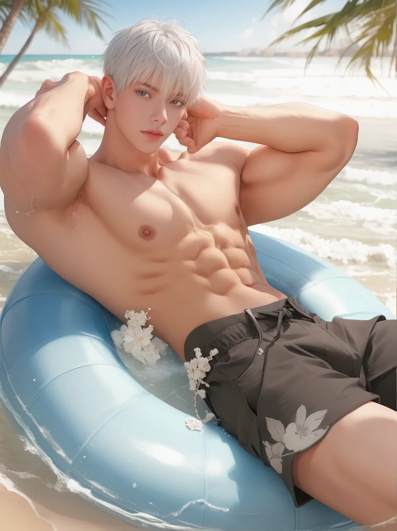 1 male handsome, Japanese model, high resolution 4k, adult, perfect face, detailed eyes and face, muscular, white eyebrows, white eyelashes, Naked torso, Detailed face, perfect face, real skin texture, detail Perfect hand, details, Real and complete hand details, unreal engine, hd picture, satoru gojo, jujutsu kaisen, white hair, short hair ,hair between eyes ,blue eyes, white skins, shorts, round buoy, water details, beach background