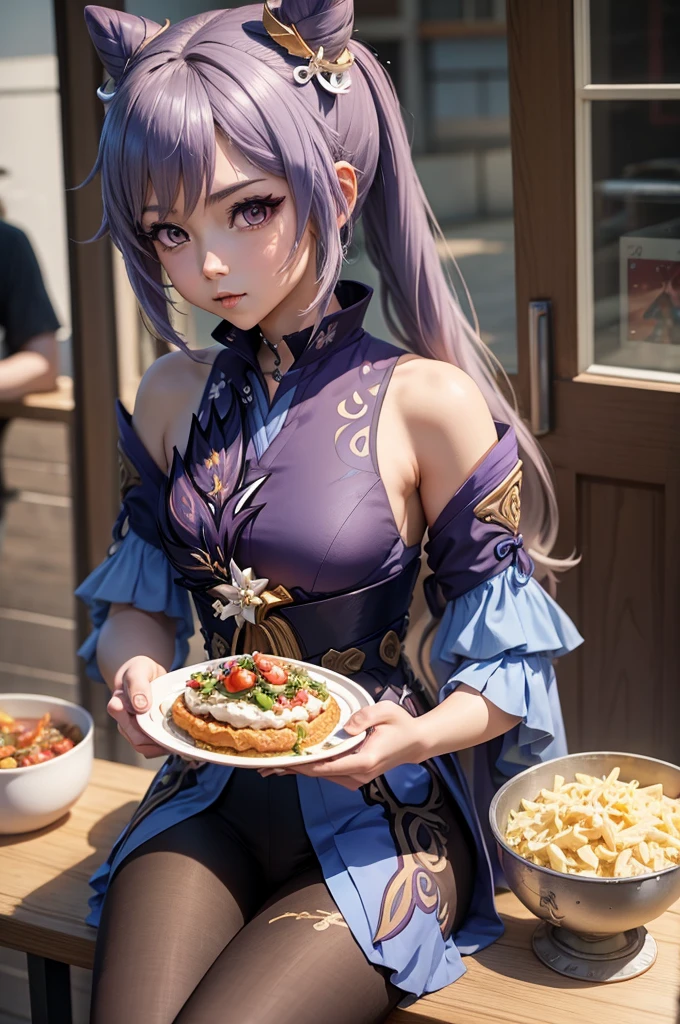 Woman, anime style,Keqing From genshin impact ,Eating food