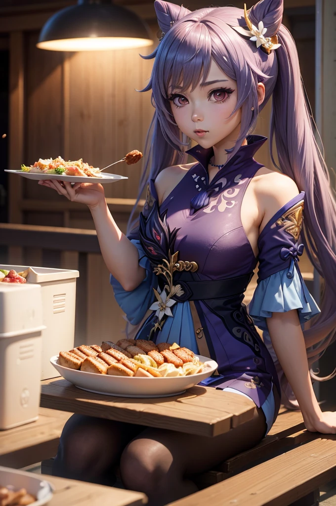 Woman, anime style,Keqing From genshin impact ,Eating food