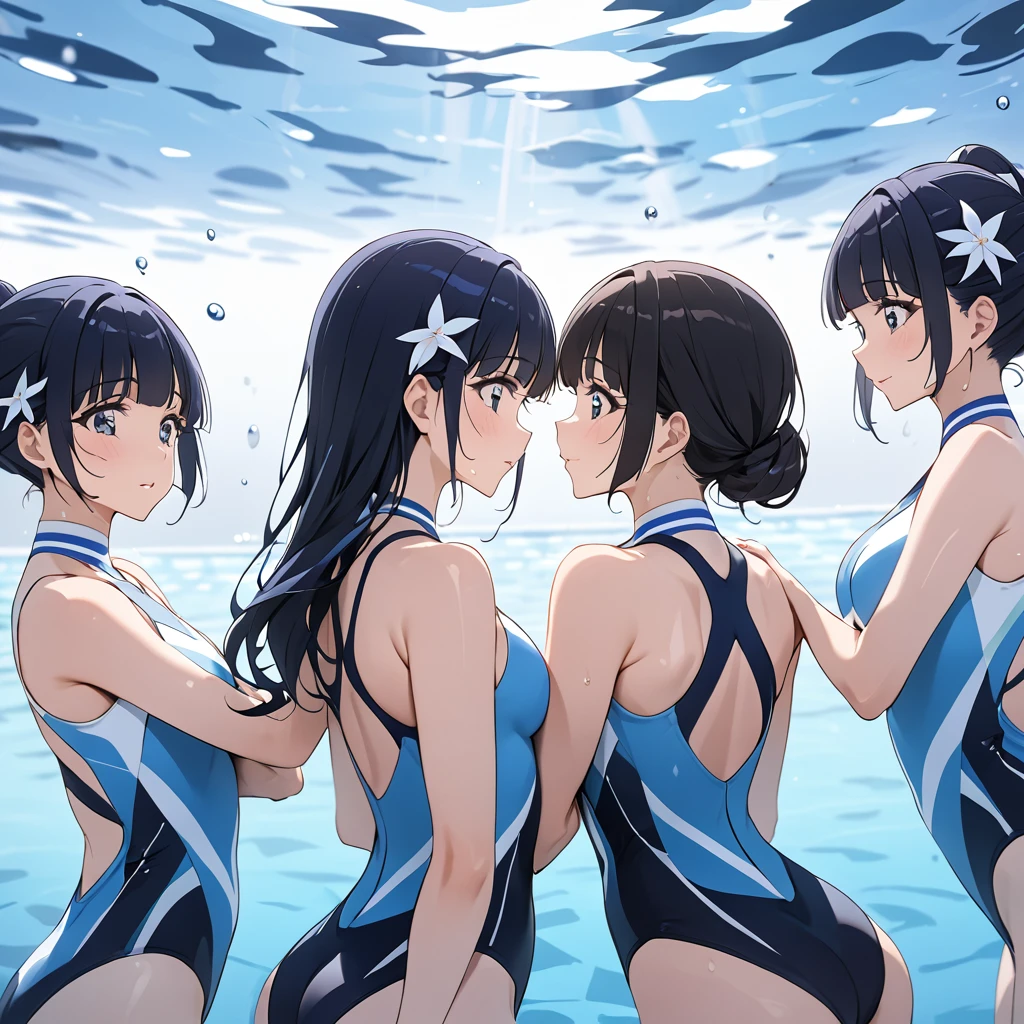 ((Highest quality)), ((masterpiece)), (detailed), (Perfect Face)、The woman is Reika Aoki with semi-long hair、The woman is wearing a synchronized swimming costume and doing synchronized swimming.