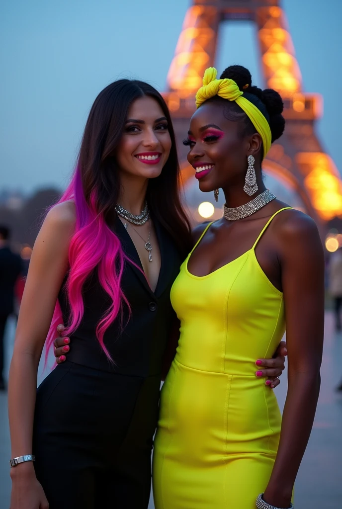 Description: A 2 American girl and her brown-skinned girlfriend are captured in a romantic and vibrant photo shoot in front of the Eiffel Tower in Paris. Both are styled in chic, matching outfits with a modern, glamorous flair. The American girl is dressed in a sleek black jumpsuit with neon pink and purple accents, paired with high-heeled black boots and silver jewelry. Her hair is long and sleek, with neon pink highlights. Her makeup is bold, featuring neon pink eyeliner and deep red lipstick. Her girlfriend is dressed in a stunning neon yellow dress with a matching headwrap, complemented by elegant heels and gold jewelry. The scene captures them sharing a laugh, enjoying the view, and exuding a confident and stylish energy. The Eiffel Tower serves as a stunning backdrop, illuminated with soft, romantic lighting.
Scene Details:
Subject: A 2 American girl and her brown-skinned girlfriend
Mood: Romantic, vibrant, glamorous
Camera Angle: Wide shots of the Eiffel Tower and close-ups of the couple
Lighting: Soft, romantic lighting, evening glow
Camera Lens: Kodak Portra 400
Parameters: High resolution, vibrant colors, soft focus
Background: Eiffel Tower, Paris skyline
Technical Details: High resolution, vibrant colors, 50mm, f2.8 for classic portrait with shallow depth of field
Additional Elements: Black jumpsuit with neon pink and purple accents, high-heeled black boots, silver jewelry, long sleek hair with neon pink highlights, bold neon pink eyeliner, deep red lipstick, neon yellow dress, matching headwrap, elegant heels, gold jewelry, Eiffel Tower, evening glow
Included Details: national geographic, portrait, photo, photography, insanely detailed and intricate, character, hypermaximalist, elegant, ornate, beautiful, exotic, revealing, appealing, attractive, amative, hyper-realistic, super detailed, trending on Flickr, soft focus, Camera Parameters: 50mm, f2.8, 85mm, f1.8, 35mm, f1.4, 105mm, f2.8, 24mm, f1.8, 135mm, f2.8, 50mm, f8, 70mm, f2, Fam