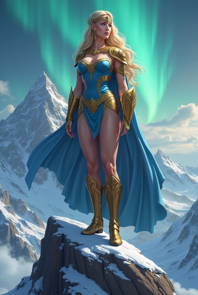 BOMBSHELL BLONDE WOMAN, WARRIOR FEMALE, VERY PALE SKIN, SKIN BLUE EYES, HIGH CHEEKBONES, ROSY CHEEKS, MENTAL FORAMEN, GOLD TIARA, HUGE LONG HAIR, DOUBLE BRAID HAIR, VOLUMOUS HAIR, BLUE AND GOLD LEOTARD ARMOUR, BLUE AND GOLD ARMOUR, GOLD GAUNTLETS, STRONG CURVY BODY, MUSCLES, GORGEOUS EXPOSED THIGHS, DETAILED QUADRICEPS, MUSCLES, GOLD FLAT BOOTS, STAND UP ON A HIGH MOUNTAINS ROCK, SHIELD , LONG GOLD AND BLUE CAPE, LONG SPLIT SKIRT, SIDE BODY VIEW, NORTHERN LIGHTS, NORTH POLE, SNOW, HIGH MOUNTAINS, SNOWING, NIGHT SKY, ACCURATE IMAGE, MASTERPIECE.