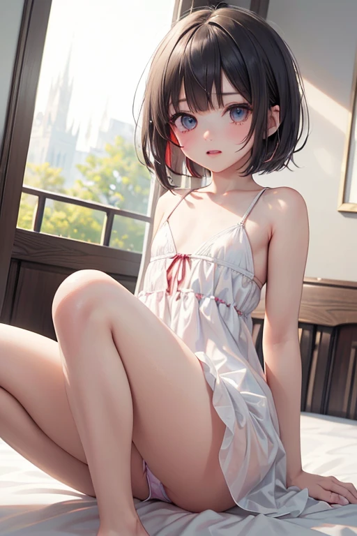 ((Highest quality)), ((masterpiece)), (detailed), A large amount:1.2),extremely detailed cute anime face, (((Flat Chest))), (Flat Chest:1.1),((((Short Bob Hair)))),Complex eyes,beautiful detailed eyes,Symmetrical eyes,(((detailed face))),beautiful detailed lips, If you look at this, (((Embarrassing))),(emotional expression),(My heart is pounding with anticipation.), A translucent white dress reveals her skin、String panties,片手をString pantiesの紐に触っている,Filling condoms,Have a used condom,Sitting on the bed,Filling condomsが散乱している