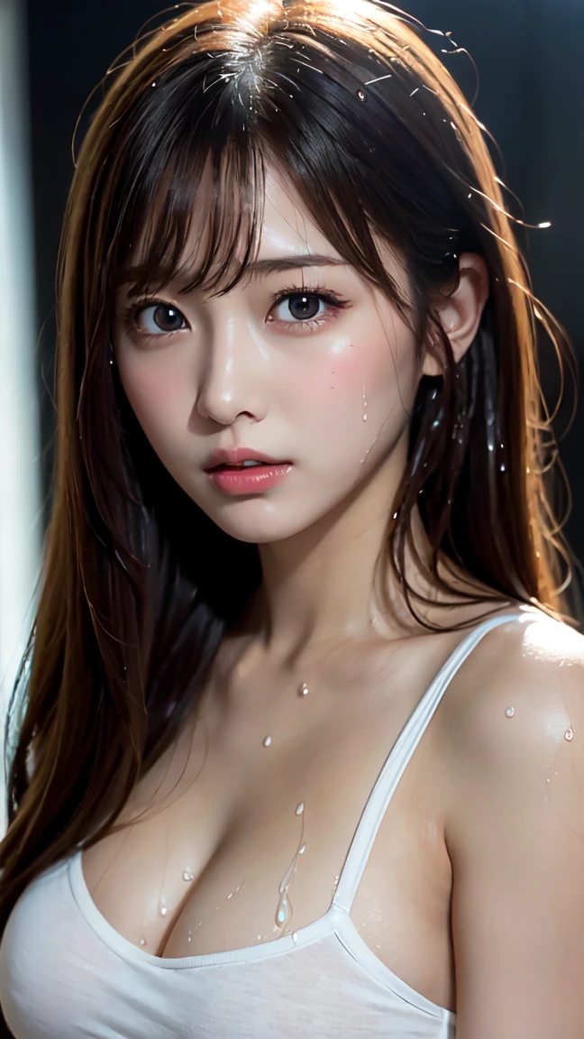 Himiko、(RAW Photos:1.2), (Photorealistic), Beautiful detailed, Very detailed目と顔, Beautiful and beautiful eyes, Large file size, High resolution, Very detailed, Highest quality, [masterpiece:1.6], Awareness-raising, Very detailed, CG, finely, Highest quality, 8k wallpaper, Cinema Lighting, 1 person, , Perfect figure, Large and firm breasts、【Huge boobs、Heavy chest】、Cute droopy eyes、Beautiful big eyes、Sweaty and wet、【sexual excitement:1.6】、(My whole body is wet:1.2)、Long Hair、Around 20 years old、Black background、Dynamic pose