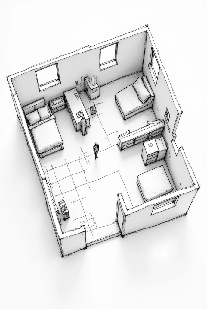 Sketch of a model seen from above, that has a room, A toilet , a kitchen and a living room, knowing that both of our upper left and right corners have windows, and on the right side, there is a window in the back corner