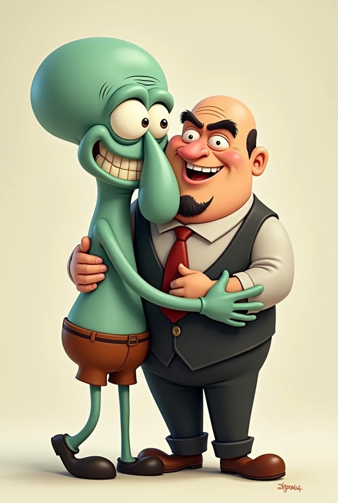 Squidward hugging Gru from the minions from the side for a photo, Grinning
