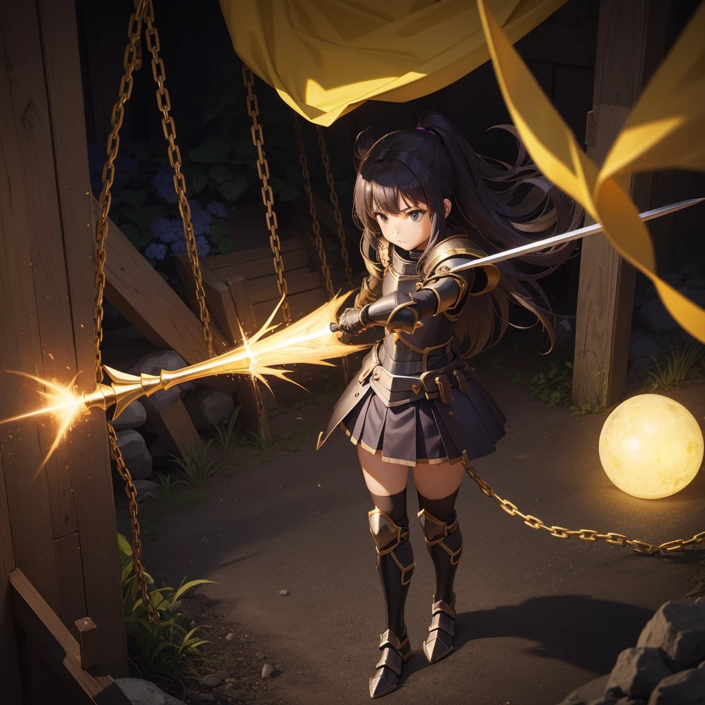 最high quality、high quality、Simple Cloth Armor、１０Year-old girl adventurer、Equipped with a weapon that has a short chain at the end of a stick and a spiked iron ball at the end of the chain、In a dark maze、yellow armor