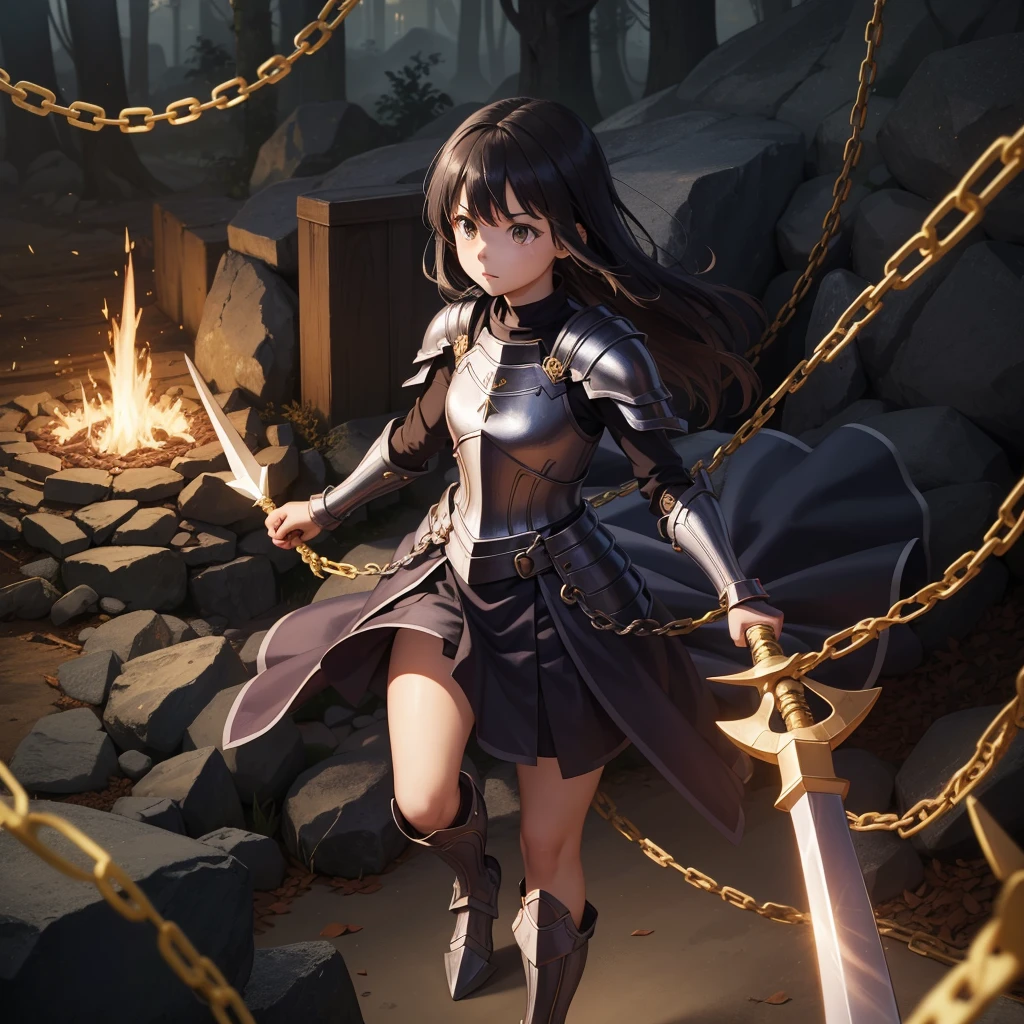 最high quality、high quality、Simple Cloth Armor、10Year-old girl adventurer、Equipped with a weapon that has a short chain at the end of a stick and a spiked iron ball at the end of the chain、In a dark maze、yellow armor
