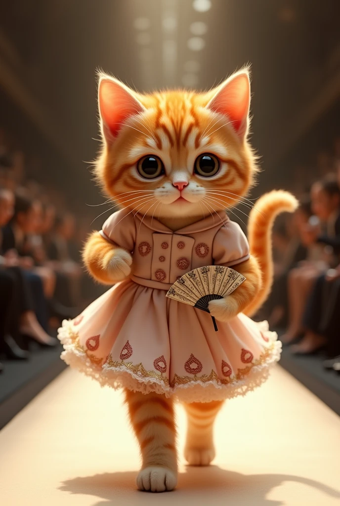 (photorealism:1.2), cute ginger cat, wearing gucci dress, taking a fan, walking on runway