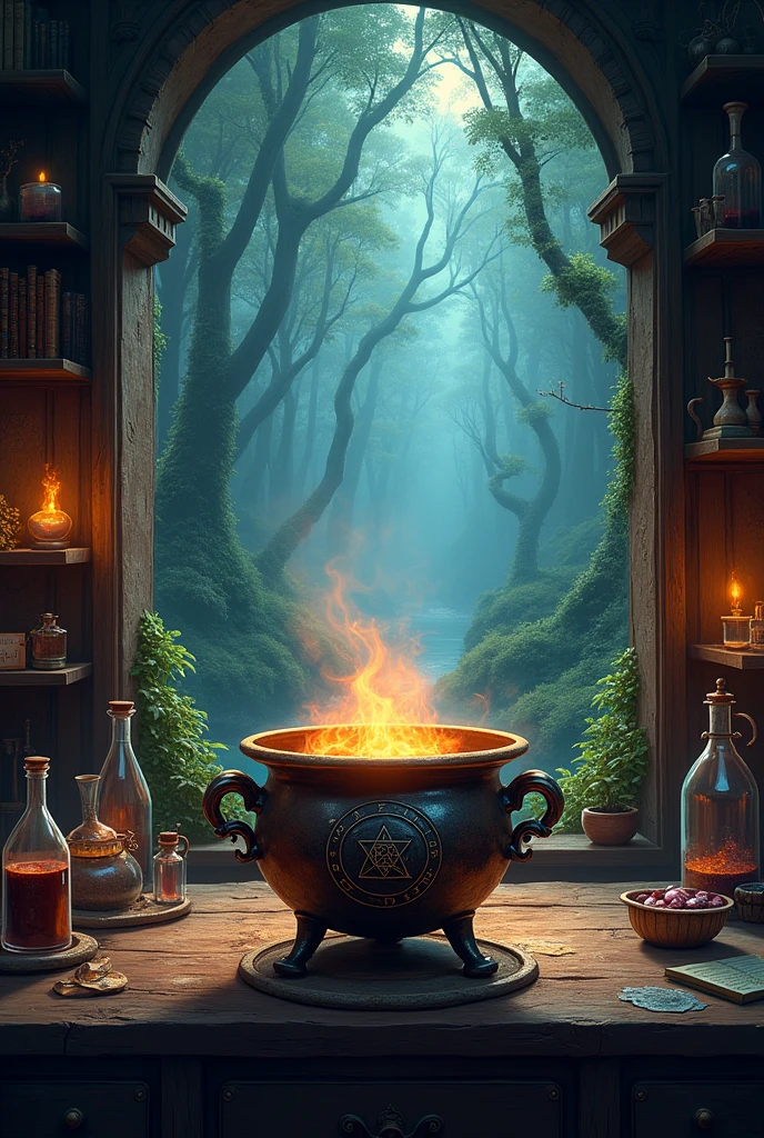ancient cauldron in an alchemy room with a window overlooking a magical forest. There must be space at the top for a title and at the bottom for the author's name.