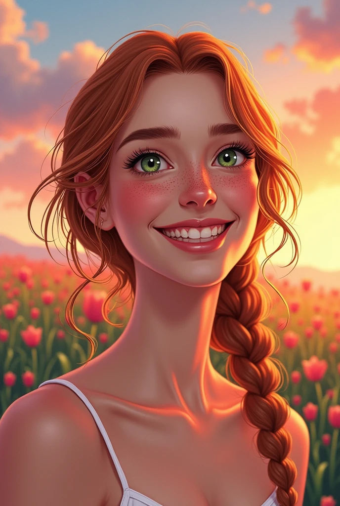 Close-up) Beautiful 30 years old woman with medium braided Light Copper hair, green eyes, and freckles. She is wearing white camisole, Smiling joyously and She has full lips e style of guillem h. pongiluppi, abigail larson, A beautiful feeld of flowers with a beautiful sunset, john sloane, light gray and pink, energy-filled illustrations