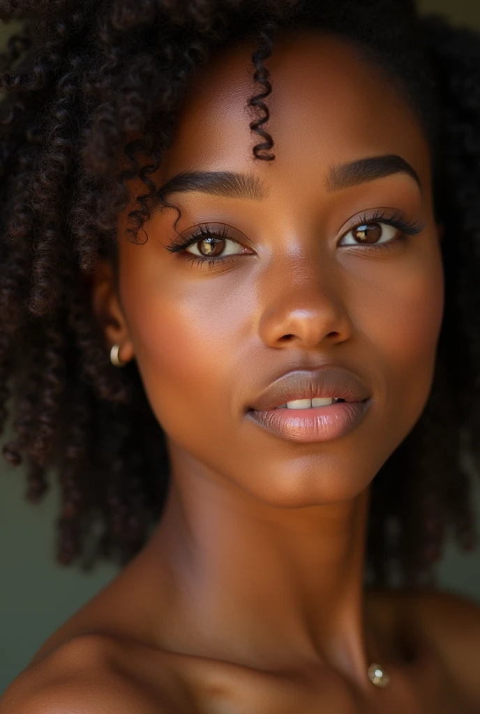 "A striking headshot of Eliana, a 2 woman with a perfect blend of African and European heritage. Her skin is rich and glowing, with a golden undertone, and her almond-shaped, light brown eyes have a slight slant, giving her a captivating and exotic look. Her cheeks are adorned with deep dimples, and a small dimple on her chin adds to her natural beauty. Her expression is soft and confident, exuding warmth and charm."