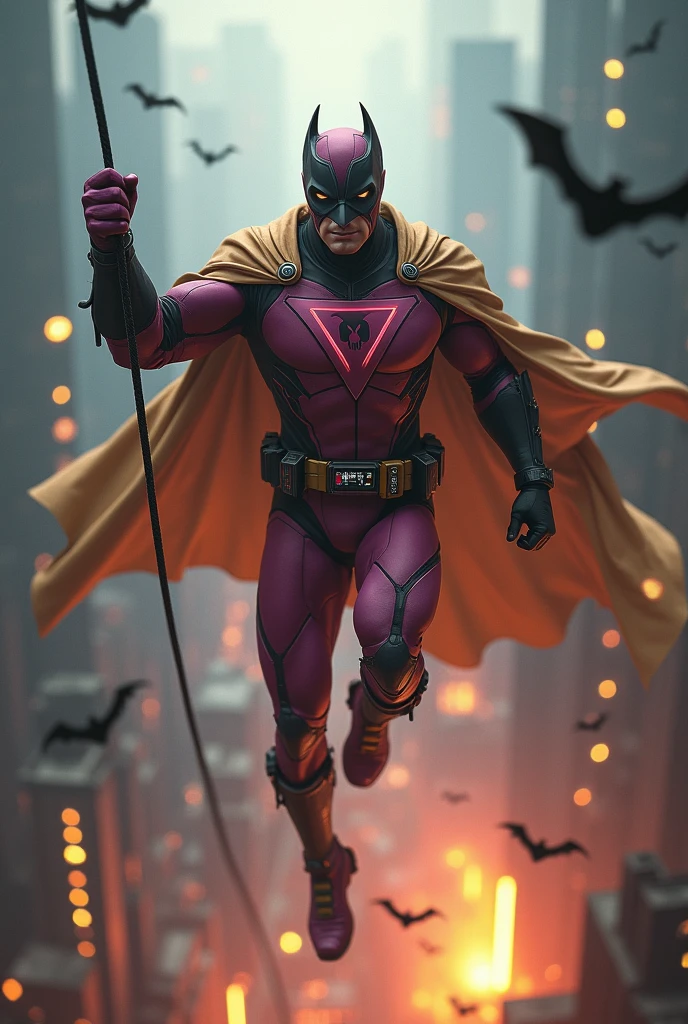 Malaysia man in high-tech suit, vivid effects, malaysian superhero (KELUANG MAN) in a striking pink and beige costume cyberpunk design, mask small mini bat ear beige, daredevil beige mask, jumpsuit dark pink stands confidently in a dramatic.jumping from high place.hero costume.one hand rise up. Big triangle logo on the chest.high detail Punisher logo on the chest. Fighting pose , stormy landscape. ((Head covered node guard like batman. Running pose , athletic body type, small mini ear bat mask))The character wears domino mask a helmet with pointed mini torn ears and a flowing cape biege, open nose and mouth. Equipped with visible futuristic weapons on a belt,bullet proof jacket pink dark day.show fingers pose, dark night, big supermoon effect . Small logo on chest triangle shape small punisher logo center(( skull triangle Casey Jones mask shape logo)) center on chest pink logo mini logo . rocky. Building top.smoke ground , bomb effect background, losse pants, losses costume.adding to --ar 3:4 --style raw --stylize 500 --v 6.1. chaos. Lot of small flying bat. One leg on the high stone. Man. Wear hologram watch.. Real man age 40 year old. One hand holding belt.one hand holding black rope hanging on building. Big pant pink. Beige cape joodie.(( Loose pant)) , jump on high building)marvel , X-Men.