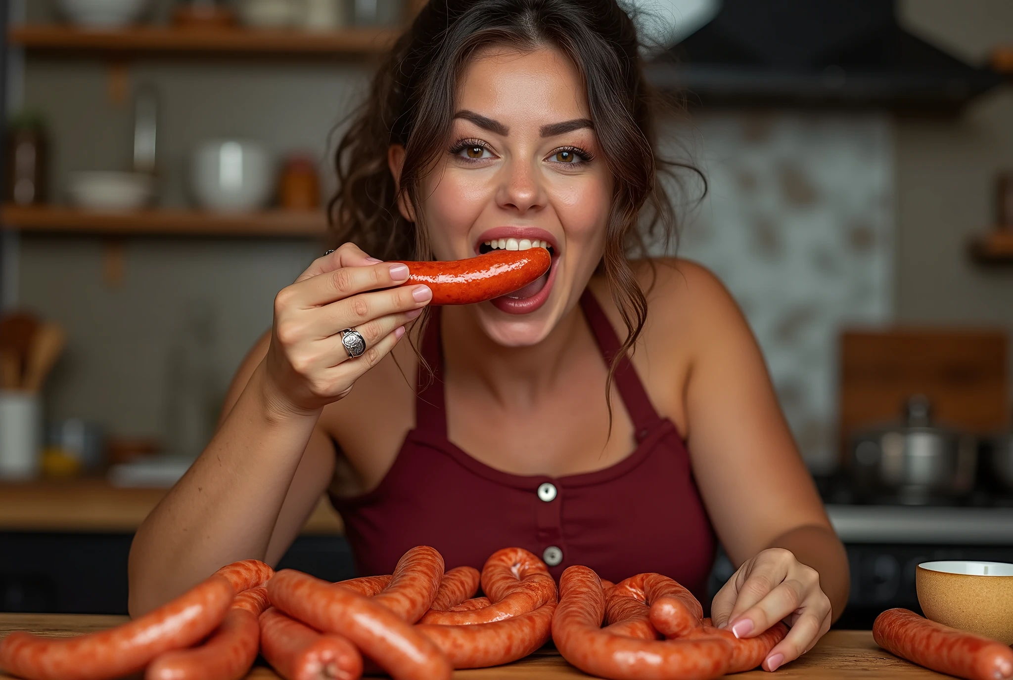 put sausage in mouth,ahegao,Heaps of sausages in both hands,muscular fat woman Eating penis shaped sausage battle contest,in kitchen stadium,