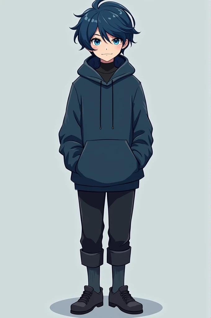 Make a teenage boy with mixed blue and black hair,dark blue cold weather blouse,black pants and socks even if you don&#39;t wear shoes