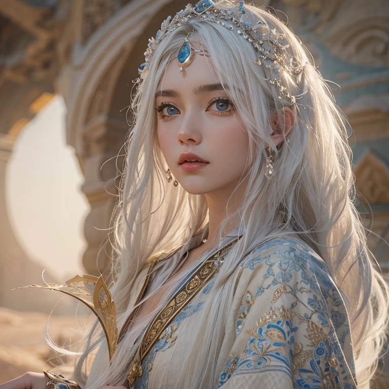 (Highest quality、masterpiece、8k、Best image quality、Ultra-high resolution、Award-winning works)、A beautiful white-haired woman watches over us from afar in the desert..........., Where the moonlight shines.、Ancient Islamic clothing、Beautiful face drawn in every detail