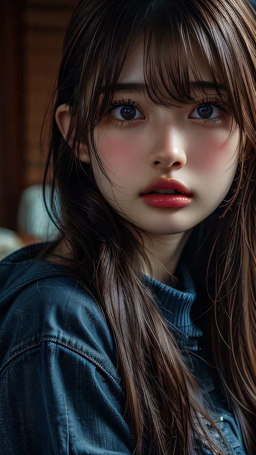 (RAW Photos:1.2), ((Realistic:1.4)), Tabletop, Highest quality, masterpiece, Very detailed, 8k wallpaper, The finer details, Highest quality, Very detailed 8k wallpaper, Detailed face, Detailed eyes, double eyelid, High resolution, ((software)), Japanese women, aunt, Very large breasts bigger than a face, Short brown hair, Vivid eyes, Sexy lips, Sleeveless turtleneck sweater, Tight blue jeans, In the bedroom,
