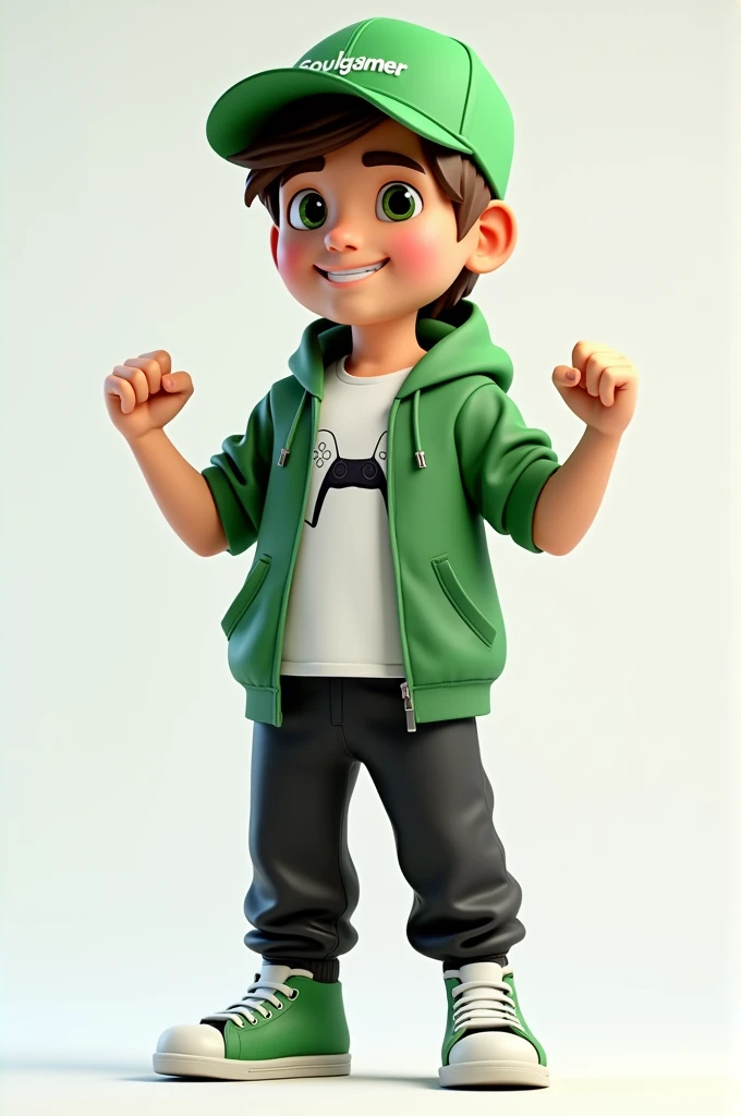 Create a 3D male influencer character of approximately youthful age and appearance . He is tall. His facial expression is friendly and smiling., with big green eyes that convey a sense of curiosity and joy. your hair is short, brown in color and slightly disheveled, visible under the CAP. His cap is green and has the word "Soulgamer" printed on the front. He wears a white T-shirt with a PS5 controller image printed on it.. He wears a hooded jacket over a white t-shirt and matching cap.. He wears loose black pants that fit comfortably over green sneakers that match his jacket and cap., with white shoelaces tied tightly. He is standing with the fist of one of his hands clenched while the fist of his other hand is raised as if in celebration..
add gamer elements to the character.