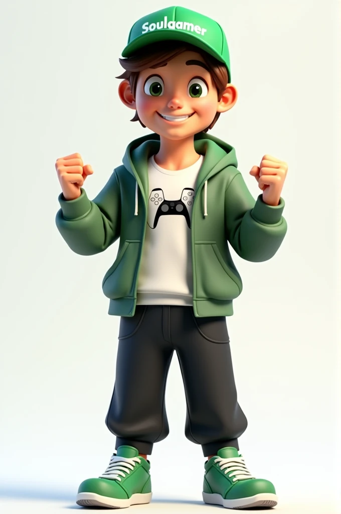 Create a 3D male influencer character of approximately youthful age and appearance . He is tall. His facial expression is friendly and smiling., with big green eyes that convey a sense of curiosity and joy. your hair is short, brown in color and slightly disheveled, visible under the CAP. His cap is green and has the word "Soulgamer" printed on the front. He wears a white T-shirt with a PS5 controller image printed on it.. He wears a hooded jacket over a white t-shirt and matching cap.. He wears loose black pants that fit comfortably over green sneakers that match his jacket and cap., with white shoelaces tied tightly. He is standing with the fist of one of his hands clenched while the fist of his other hand is raised as if in celebration..
add gamer elements to the character.