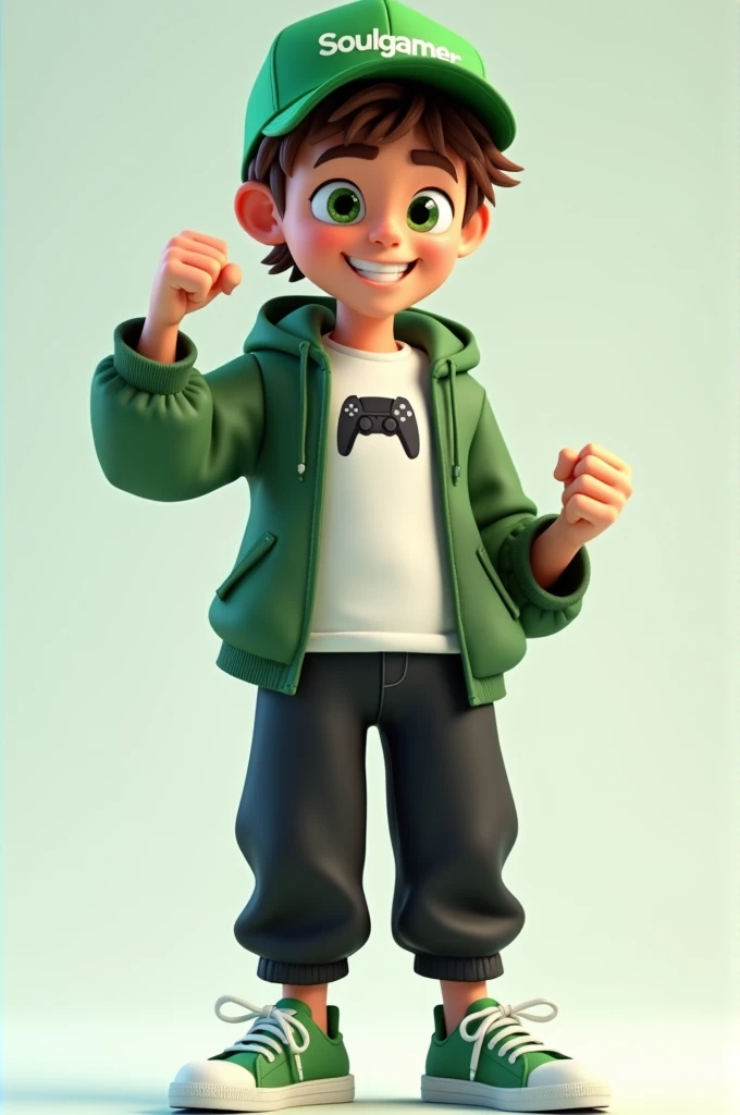 Create a 3D male influencer character of approximately youthful age and appearance . He is tall. His facial expression is friendly and smiling., with big green eyes that convey a sense of curiosity and joy. your hair is short, brown in color and slightly disheveled, visible under the CAP. His cap is green and has the word "Soulgamer" printed on the front. He wears a white T-shirt with a PS5 controller image printed on it.. He wears a hooded jacket over a white t-shirt and matching cap.. He wears loose black pants that fit comfortably over green sneakers that match his jacket and cap., with white shoelaces tied tightly. He is standing with the fist of one of his hands clenched while the fist of his other hand is raised as if in celebration..
add gamer elements to the character.