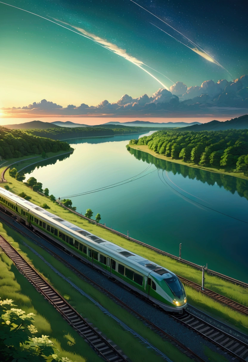 score_9, score_8_upper, score_7_upper,Train running on water,Large Lake,beautiful水面,(((Side Angle))),Angle from a distance,Minakami Station,Lake as far as the eye can see,(((green))),summer,horizontal line,Morning Glow,Starry Sky,Streaks of Light,(masterpiece, Highest quality, Highest quality, Official Art, beautifull, beautiful:1.2,Ray Tracing),Very detailed,greenの色調,Very detailed,  Most detailed, High resolution, Impressive visuals, Vibrant colors ,Detailed Images