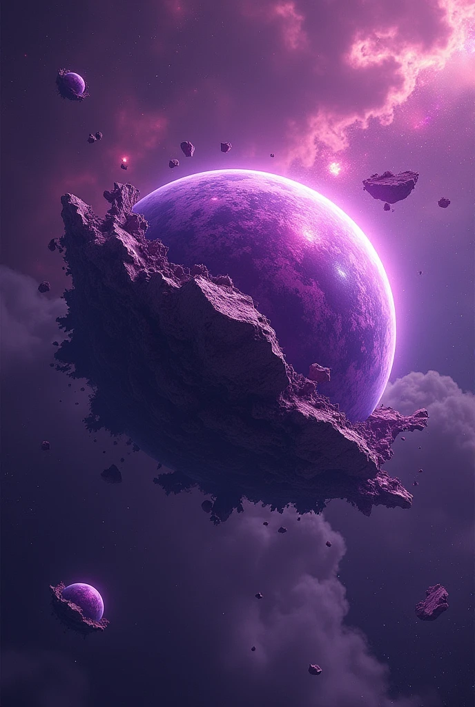 Planet with shades of purple, and part of it is destroyed and half fragmented