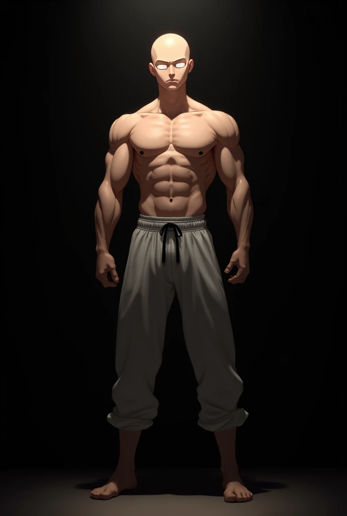 saitama, One punch man::topless, Tracksuit bottoms, bald, muscular::0.8 Black background::0.6 blurred high quality photography::0.9, front perspective, Masterpiece of art::0.9 best quality::0.9