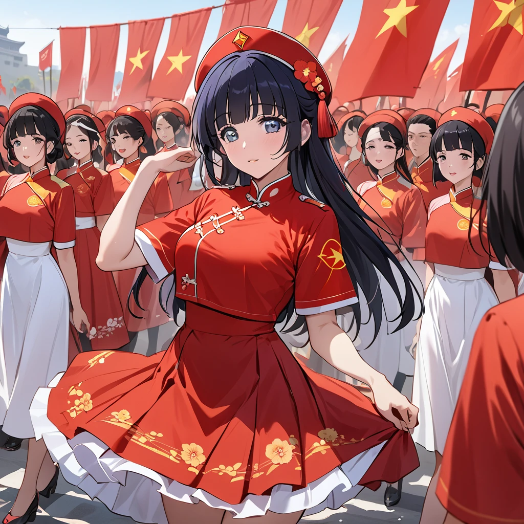 ((Highest quality)), ((masterpiece)), (detailed), (Perfect Face)、The woman is Aoki Reika, has medium-long hair and is a member of the Chinese Communist Party.、The woman is wearing a Chinese Communist Party folk dance costume and performing with members at a Communist Party rally.